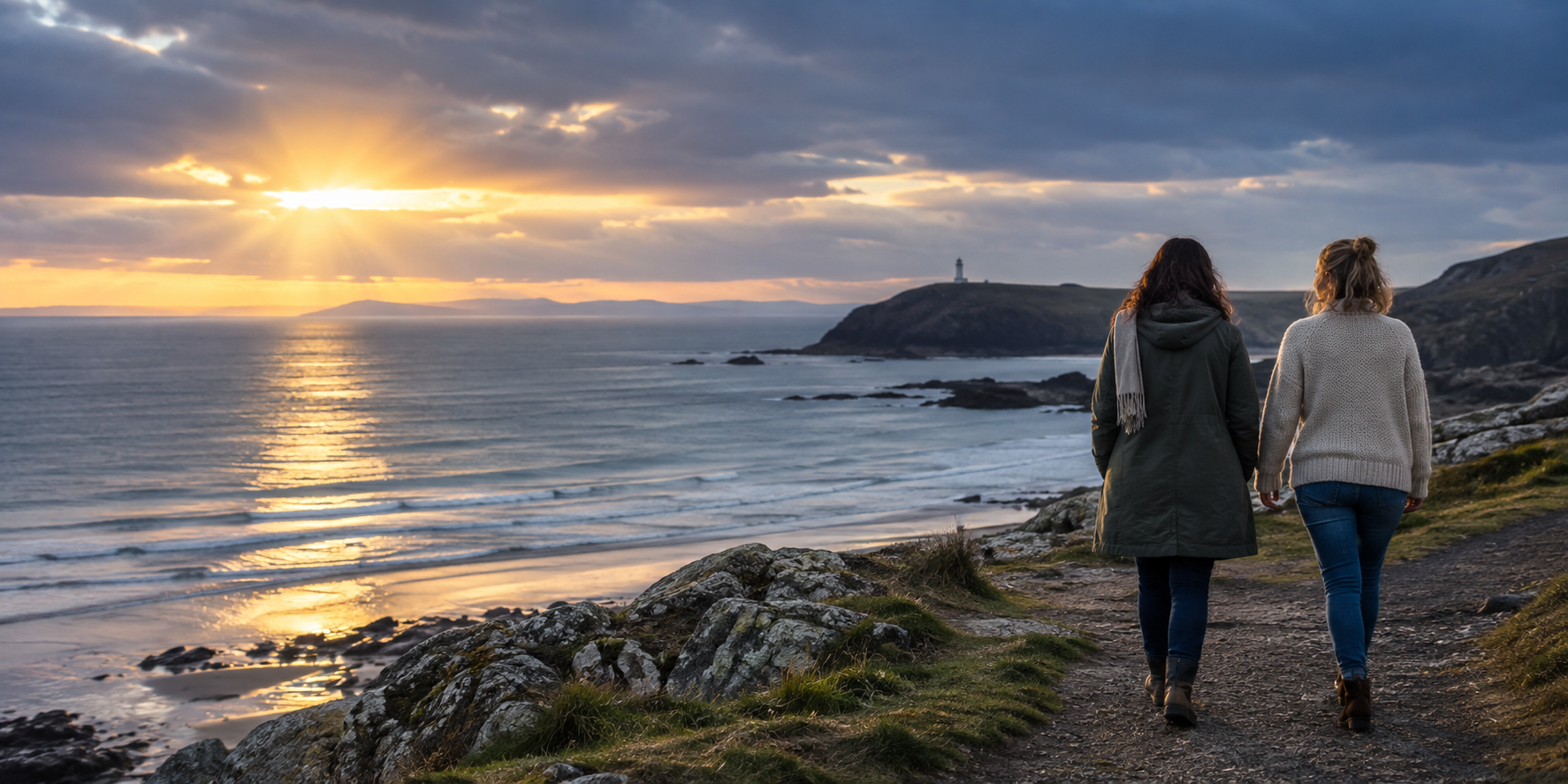 A peaceful coastal lighthouse at sunrise, representing hope and a brighter future
