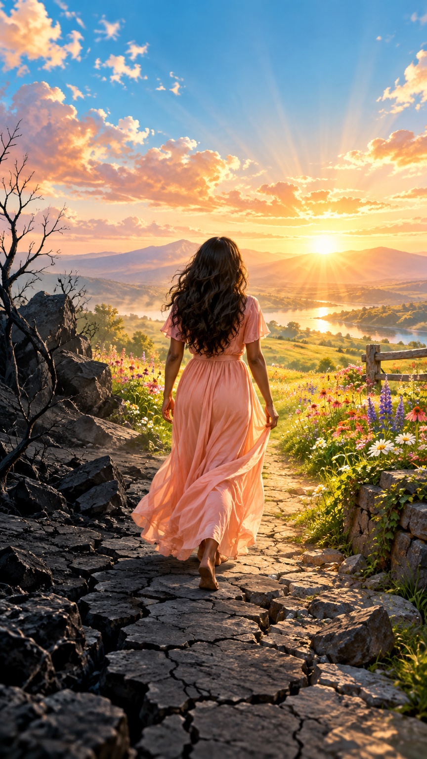 A woman walking from a rocky path toward light and flowers