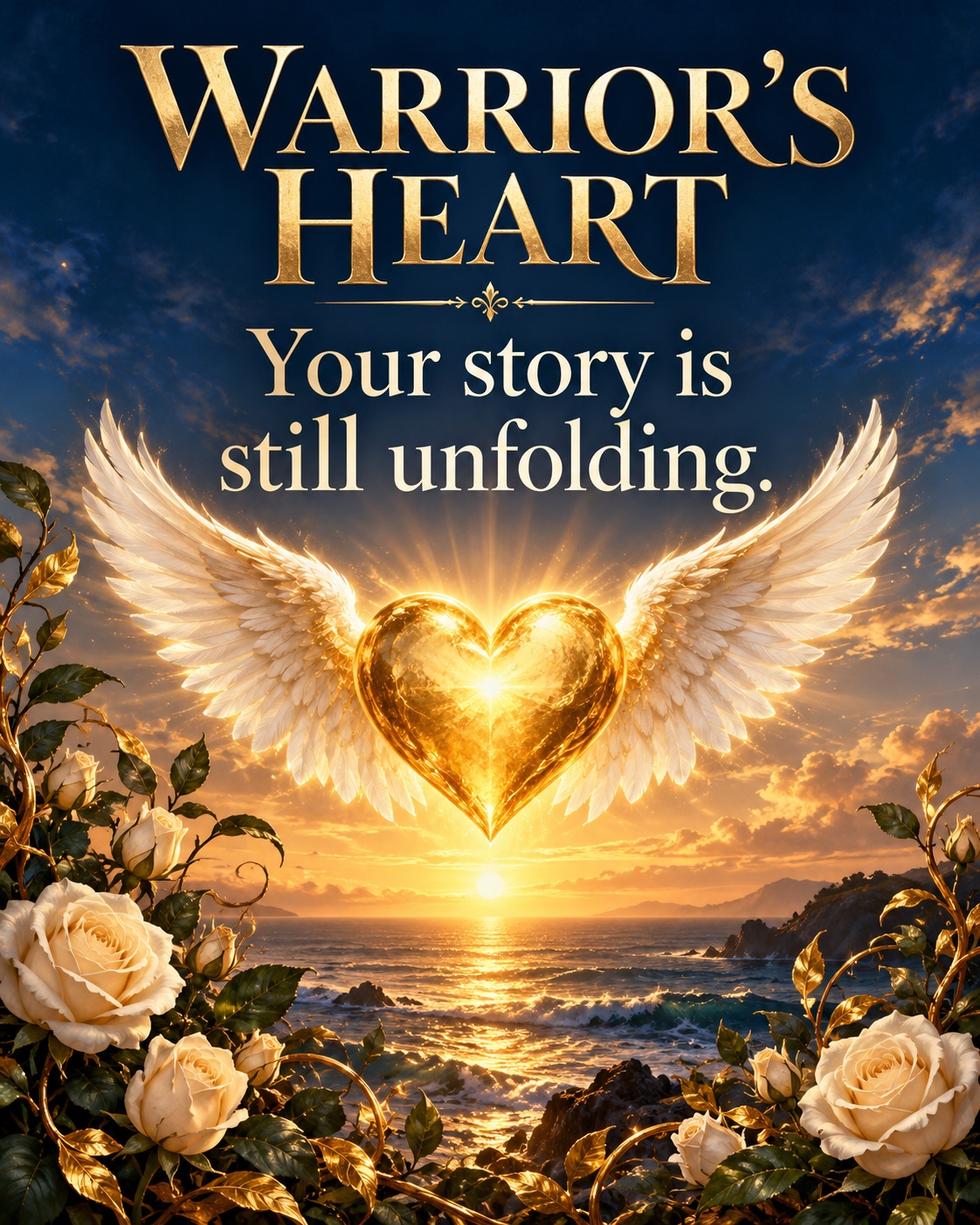 Warrior’s Heart: Your story is still unfolding. A golden winged heart over the sea.